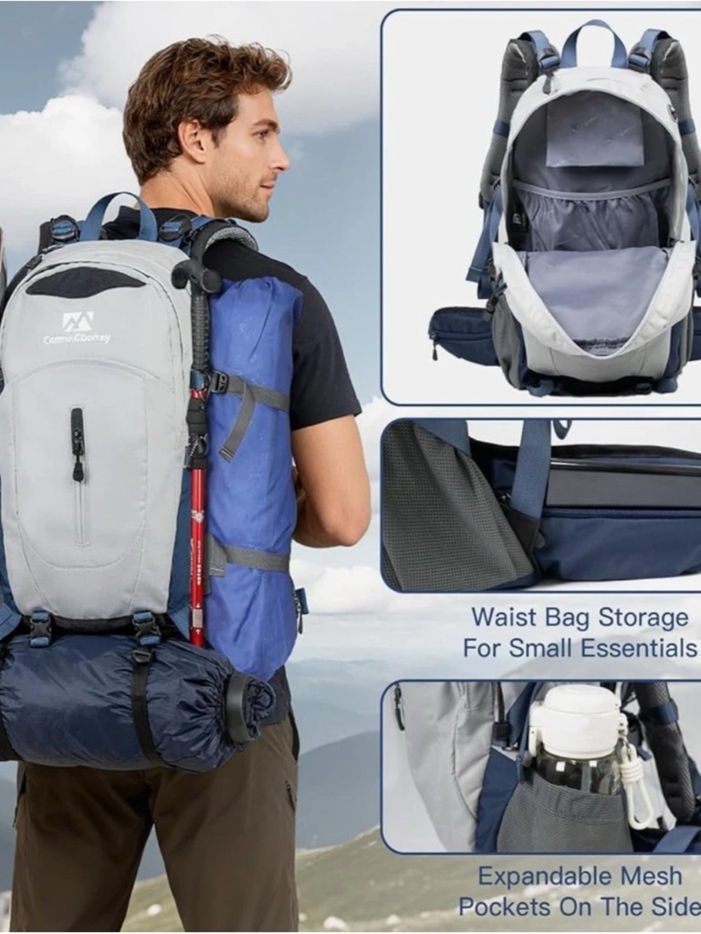 Farmer&Donkey Hiking Backpack, 40L Waterproof Camping Backpack Lightweight Grey - Picture 4 of 9